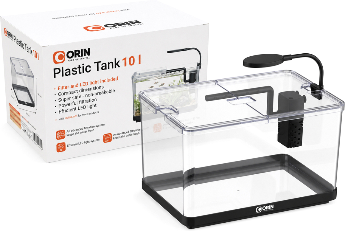 ORIN Mini Plastik-Aquarium 10l mit LED-Beleuchtung und Innenfilter, schwarz